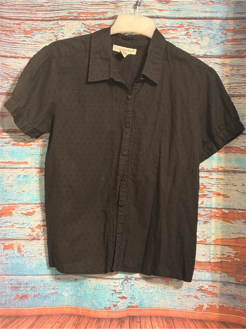 ⚜️Sag Harbor Black Women's Cotton button-down blouse with Subtle Dot Texture⚜️